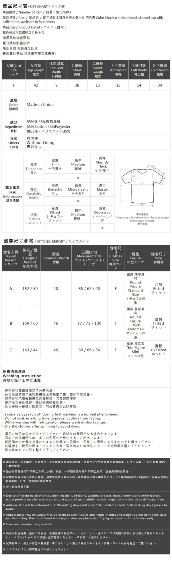 配色條紋木耳邊短版合身上衣